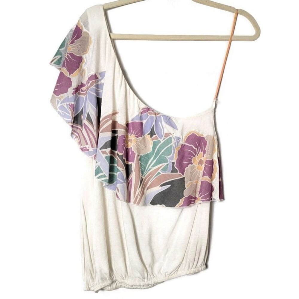 Free People Ivory Annka Ruffle Boho Linen Blend One Shoulder Bubble Blouse Small